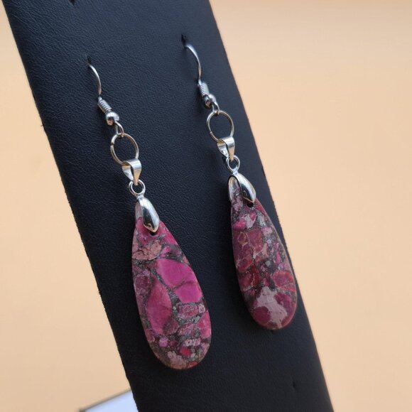 Silver Plated Over Copper Unique Jasper Stone Vintage Earrings A6022 - Picture 2 of 5